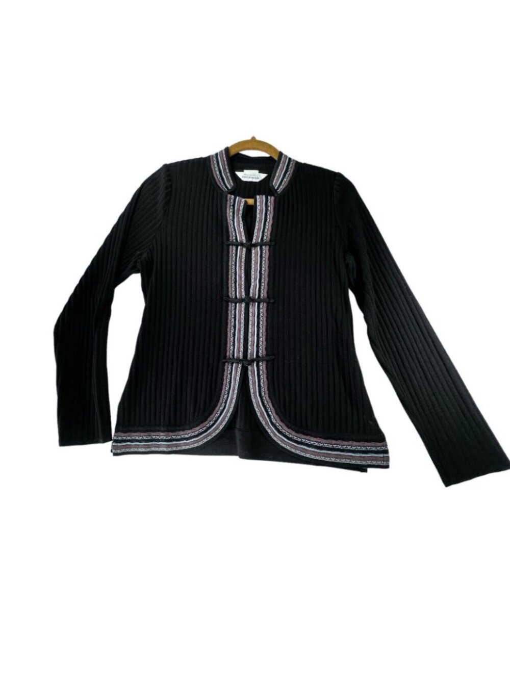 Exclusively Misook Black Cardigan Jacket Geometric Embroidered Trim XS Knot Loop